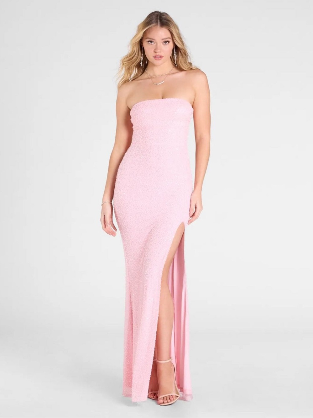 Windsor Strapless Pink Sequin Gown with High Slit